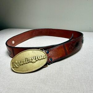 Vintage Buffalo Nickel Tooled Leather Belt With Brass Remington Buckle 35”